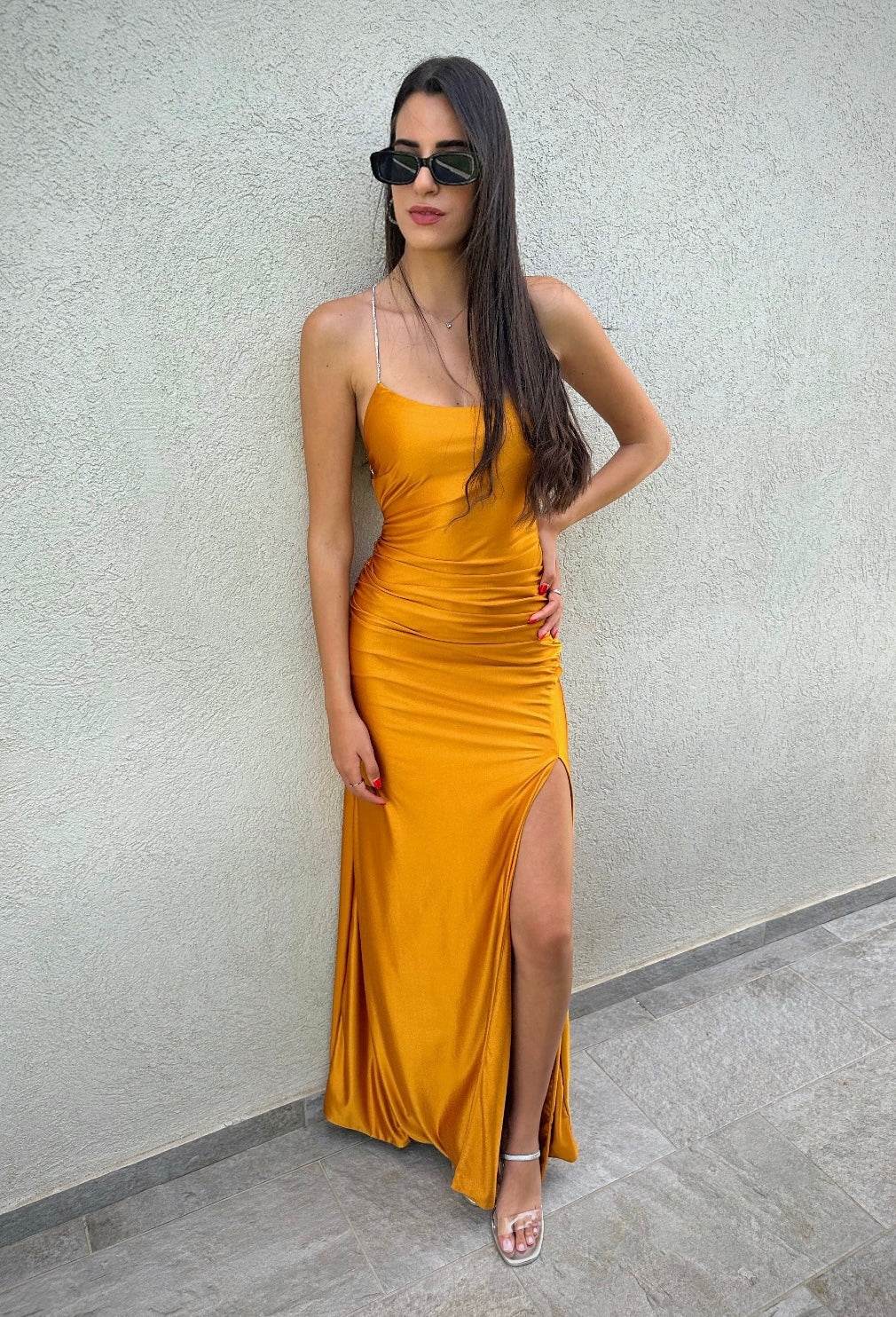 שמלת מקסי ושרוכים כסופים חרדל