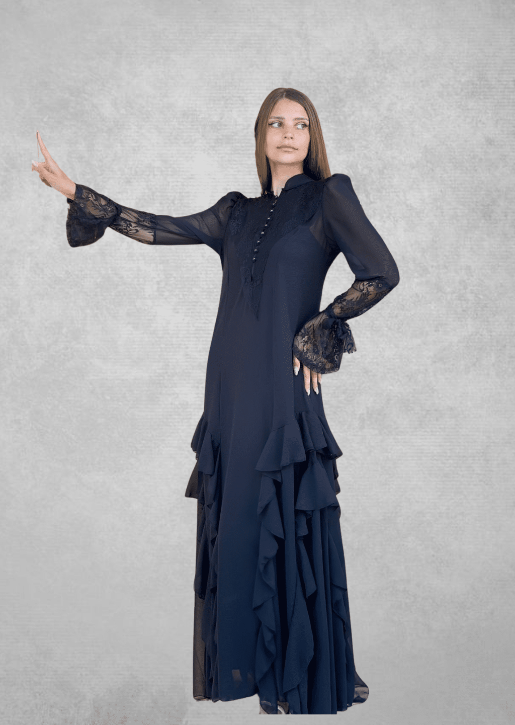 שמלת שיפון מקסי תחרה צנועה