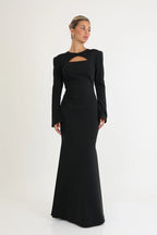 שמלה מקסי ארוכה עם מפתח שיקי בחזה ושרוולים ארוכים