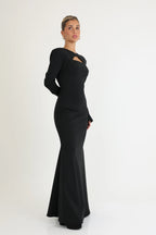 שמלה מקסי ארוכה עם מפתח שיקי בחזה ושרוולים ארוכים