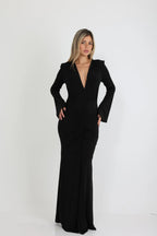 שמלת מקסי צנועה מחשוף וי וכיווצים