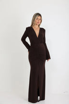 שמלת מקסי צנועה מחשוף וי וכיווצים