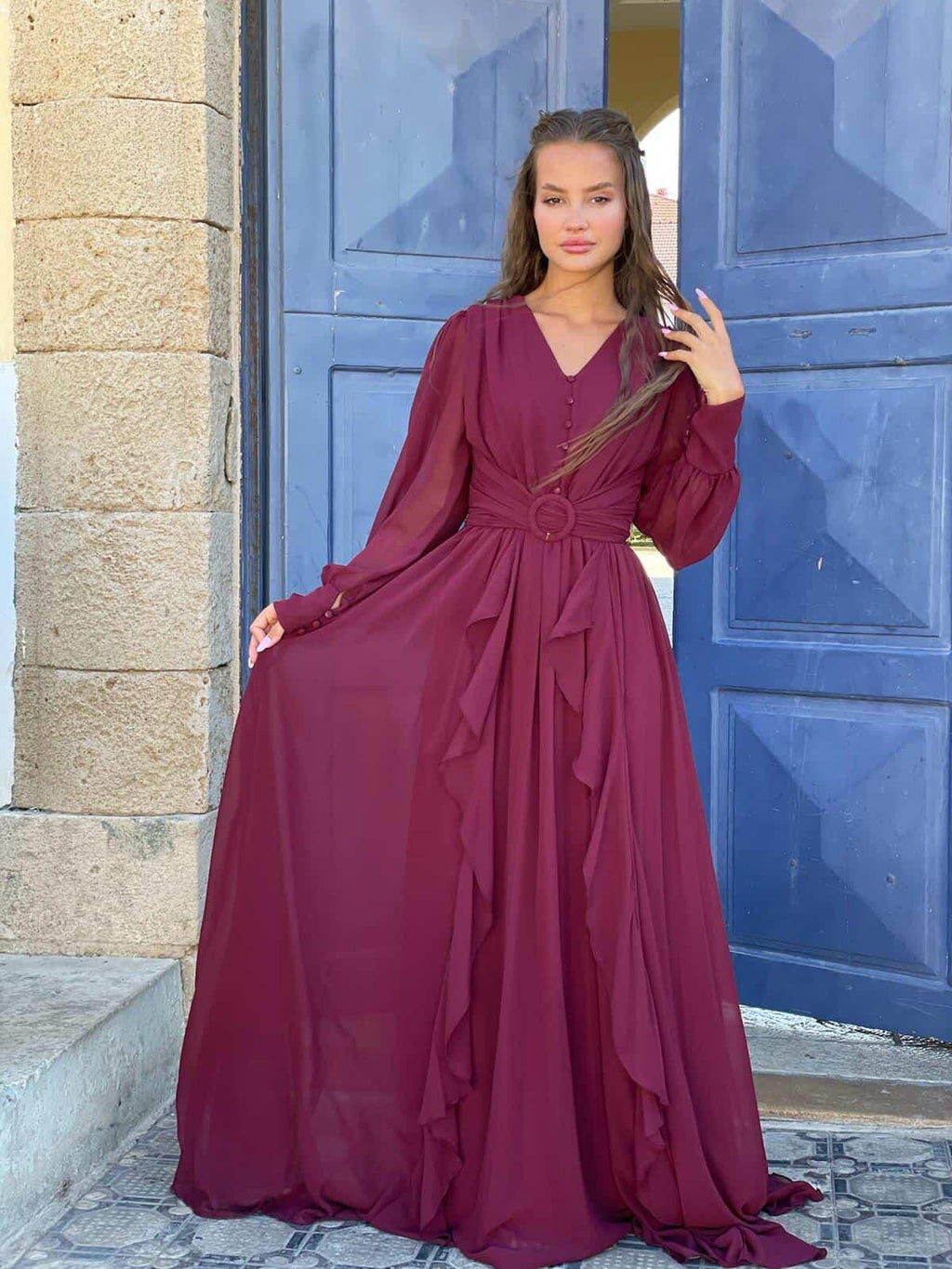 שמלת שיפון עם חגורת מותן - SLUXE