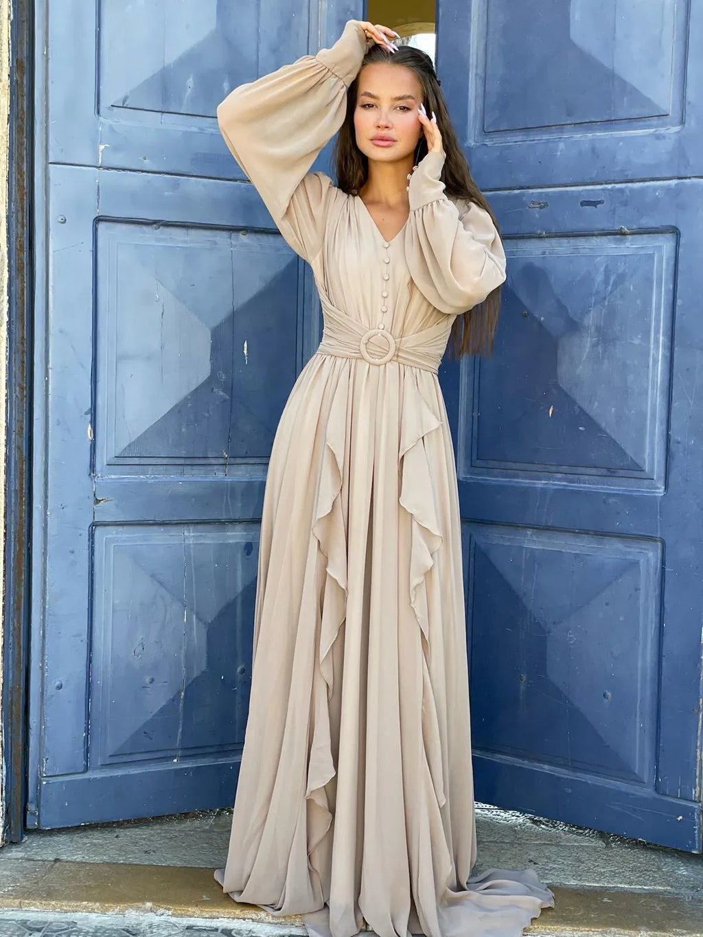 שמלת שיפון עם חגורת מותן - SLUXE