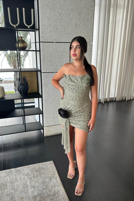 שמלת סטרפלס תחרה גסה - ירוק זית
