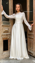 שמלה לבנה צנועה וינטג עם חצאית - SLUXE