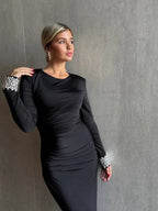 שמלה צנועה בשילוב אבנים כסופות בשרוול - SLUXE