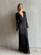 שמלת מקסי צנועה מחשוף וי וכיווצים - SLUXE