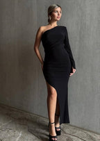 שמלת מקסי כתף אחת קלאסית שחור