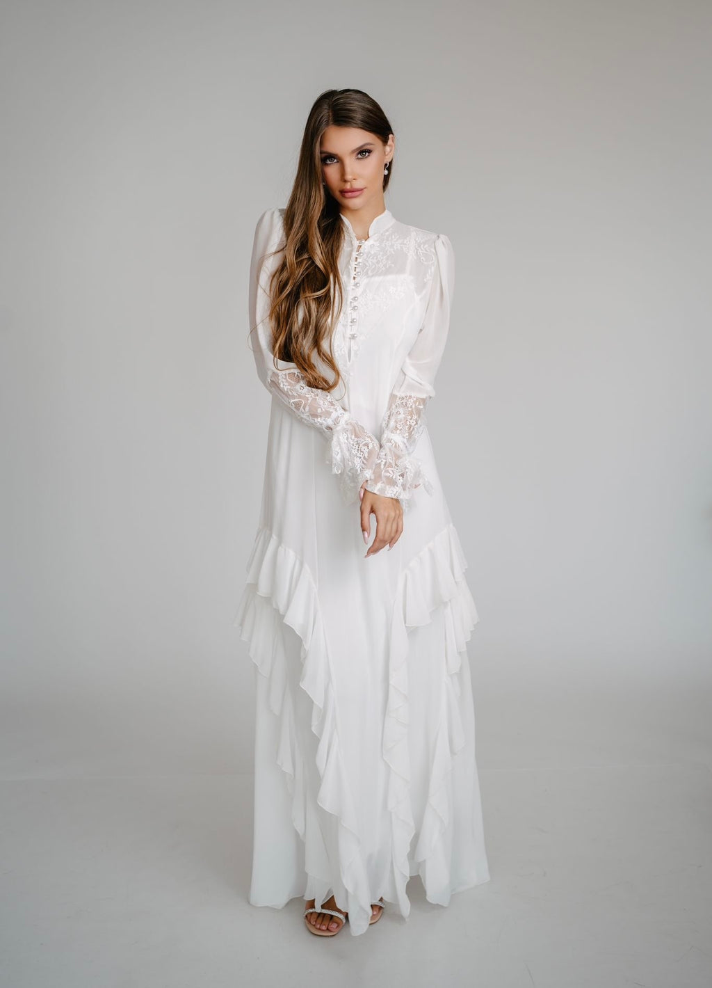 שמלת שיפון מקסי תחרה צנועה