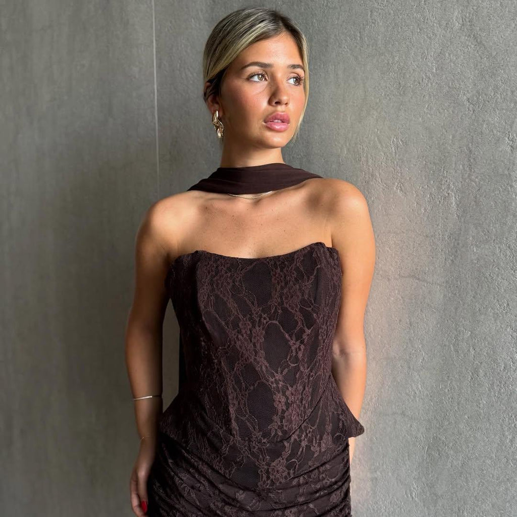 שמלת מחוך תחרה וחצאית - חום