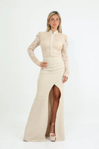 שמלת מקסי מבד אלגנטי עם טאץ' לייקרה לנוחות מירבית