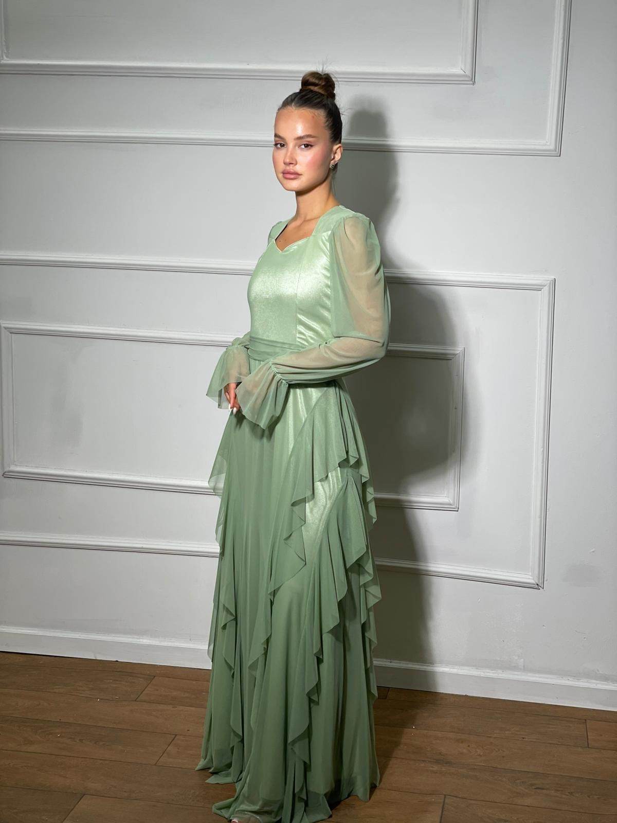 שמלת ערב מקסי שיפון מלמלה - SLUXE - ירוק