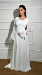 שמלת סטאן בשילוב שיפון - SLUXE לבנה