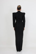 שמלת ערב צנועה מקסי עם כתפיים מודגשות שחור