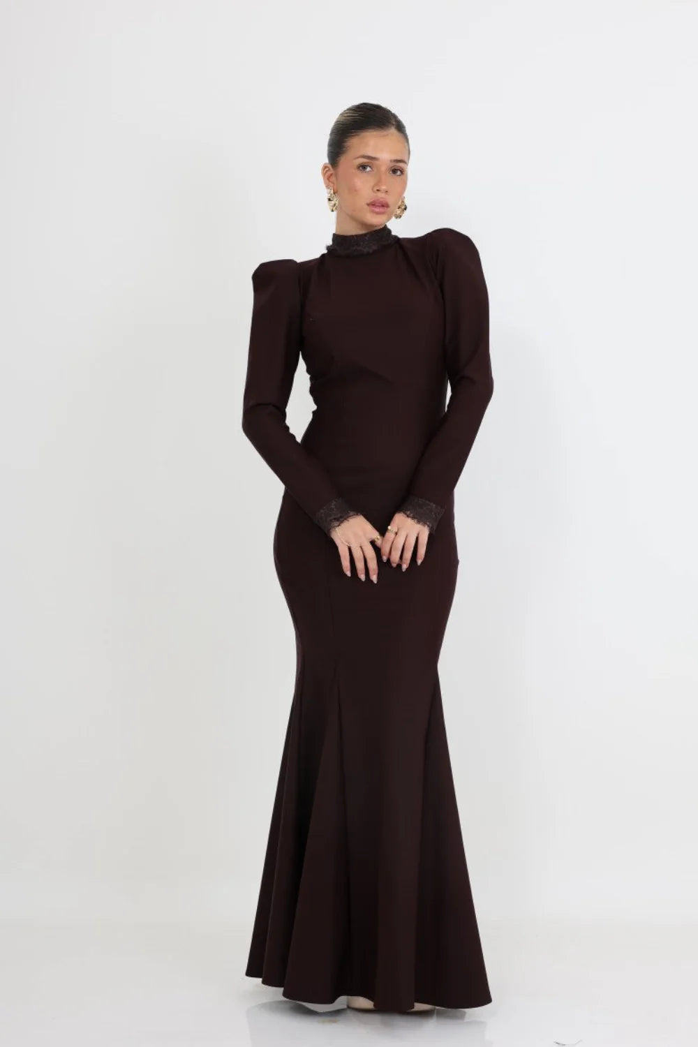 שמלת ערב צנועה מקסי בגזרה מחטבת