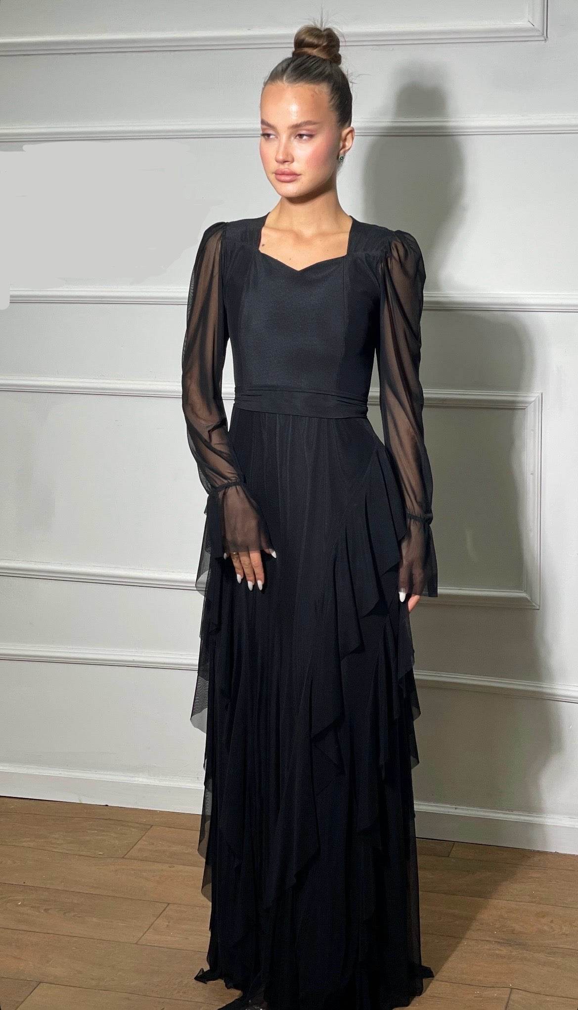 שמלת ערב מקסי שיפון מלמלה - SLUXE - שחור