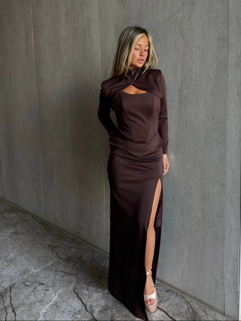 שמלת מחוך מחטבת 3 חלקים | SLUXE - חום 