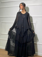 שמלת גלביה צנועה תחרה - שחורה