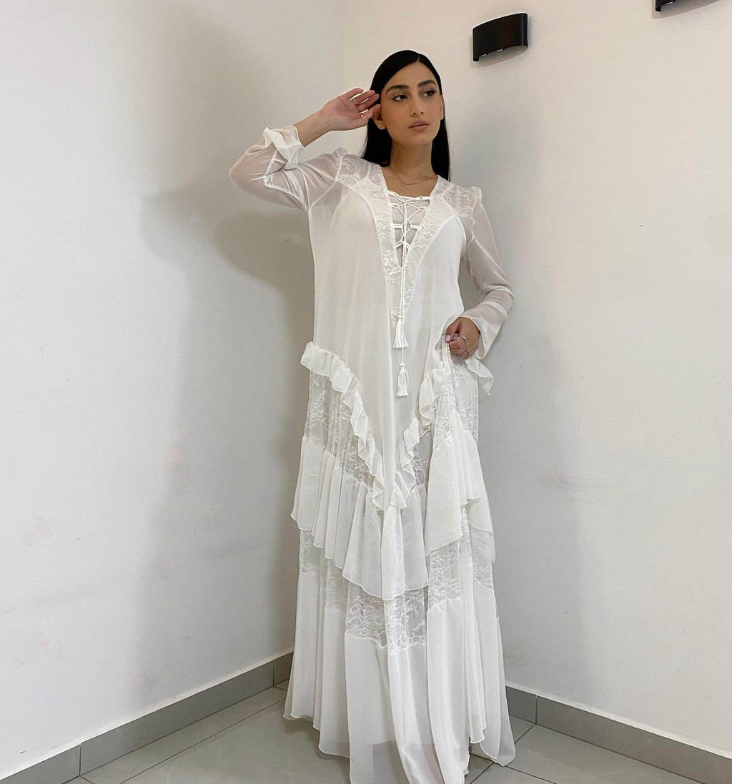 שמלת גלביה צנועה תחרה - לבנה