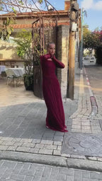 שמלת מקסי בורדו אלגנטית עם בד שיפון נשפך