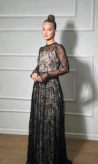 שמלת מקסי צנועה שחורה תחרה ולייקרה נשפך