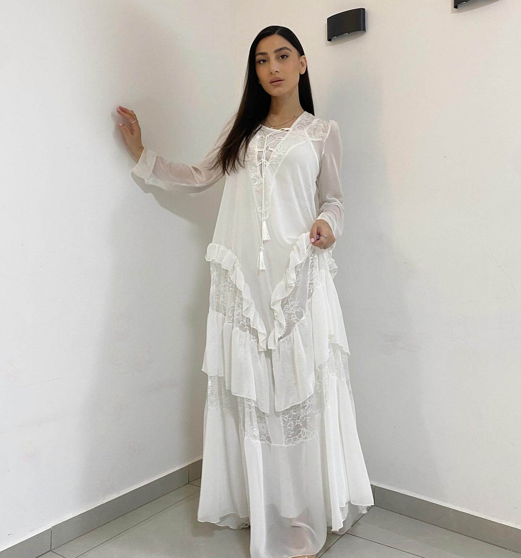 שמלת גלביה צנועה תחרה - לבן