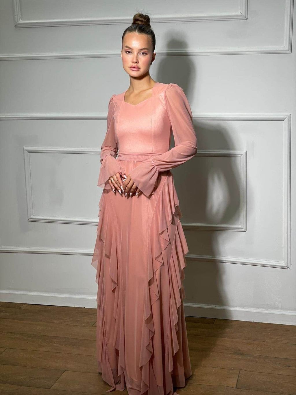 שמלת ערב מקסי שיפון מלמלה - SLUXE - רוז גולד