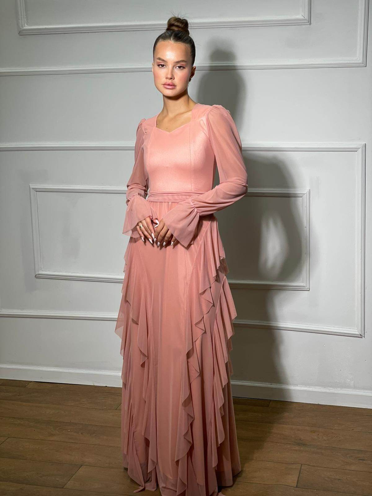 שמלת ערב מקסי שיפון מלמלה - SLUXE - רוז גולד