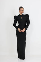 שמלת ערב צנועה מקסי עם כתפיים מודגשות שחורה