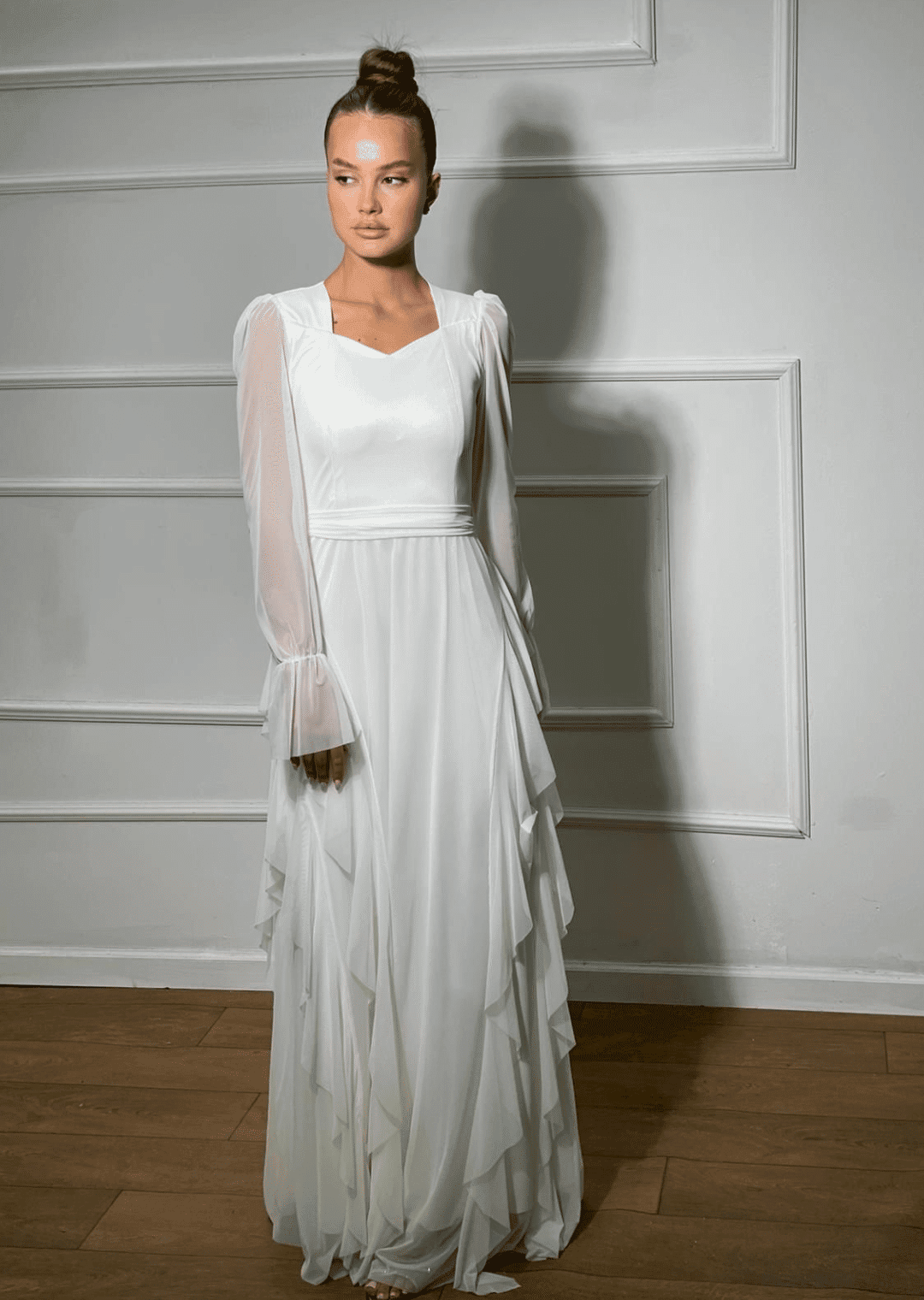 שמלת ערב מקסי שיפון מלמלה - SLUXE - לבן